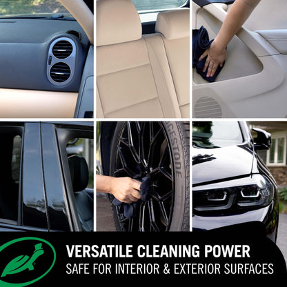 1 & Done detailer: Collage of car cleaning processes with text 'Versatile Cleaning Power Safe for Interior & Exterior Surfaces'. 