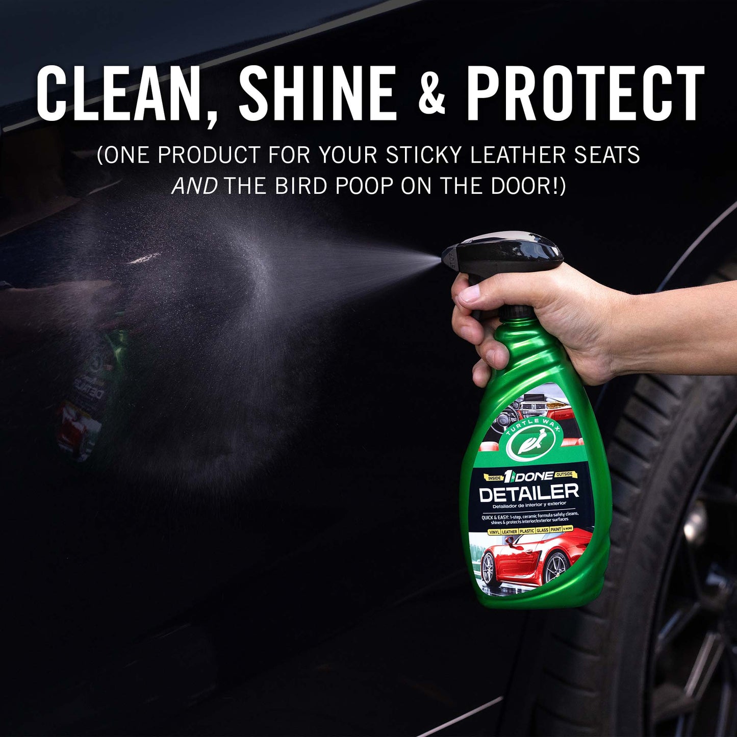 Person using One& Done  Detailer' to clean car exterior.