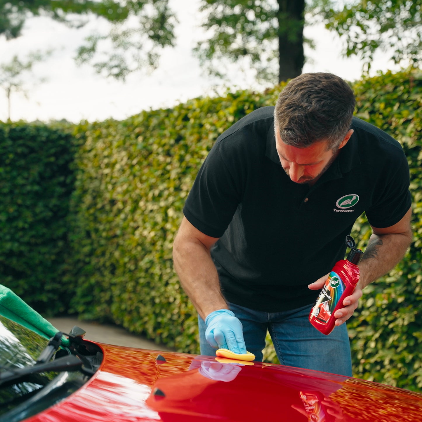 Man applying colour-enhancing Turtle Wax polish to a bright red car using a sponge. Car detailing.