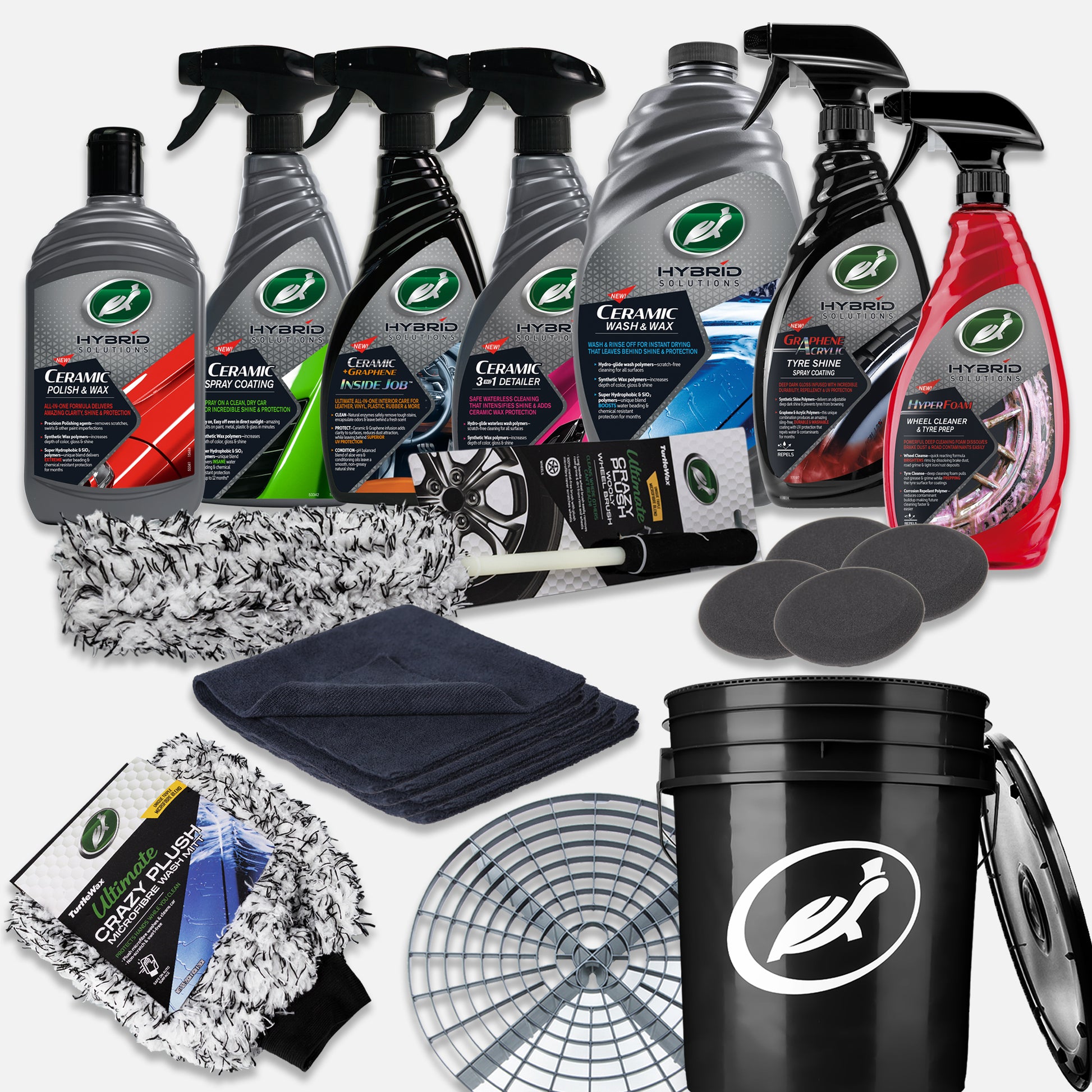 Turtle Wax ceramic car care kit includes polishes, graphene tyre shine, and interior cleaner. Featuring Hybrid Solutions for paint protection.