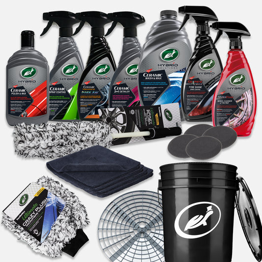 Turtle Wax ceramic car care kit includes polishes, graphene tyre shine, and interior cleaner. Featuring Hybrid Solutions for paint protection.