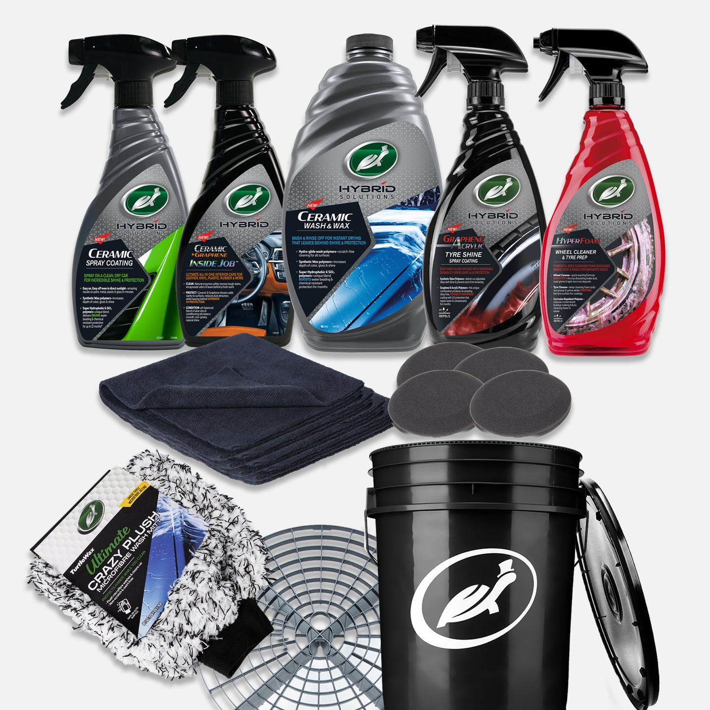 A car care set including cleaning sprays, Turtle Wax mitt, microfibre cloths, foam applicators, wash bucket, and grime guard for vehicle maintenance.