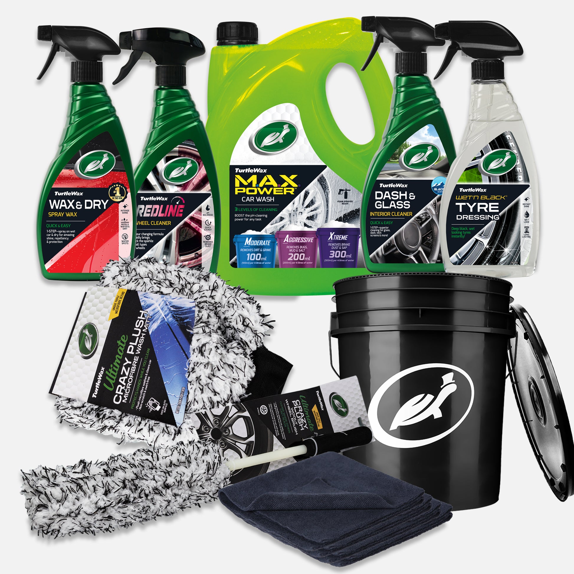 Turtle Wax cleaning kit: wax, wheel cleaner, car wash, interior & tyre products. Includes a microfibre mitt, cloths, bucket. Car detailing.