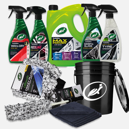 Turtle Wax cleaning kit: wax, wheel cleaner, car wash, interior & tyre products. Includes a microfibre mitt, cloths, bucket. Car detailing.