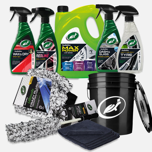 Turtle Wax cleaning kit: wax, wheel cleaner, car wash, interior & tyre products. Includes a microfibre mitt, cloths, bucket. Car detailing.