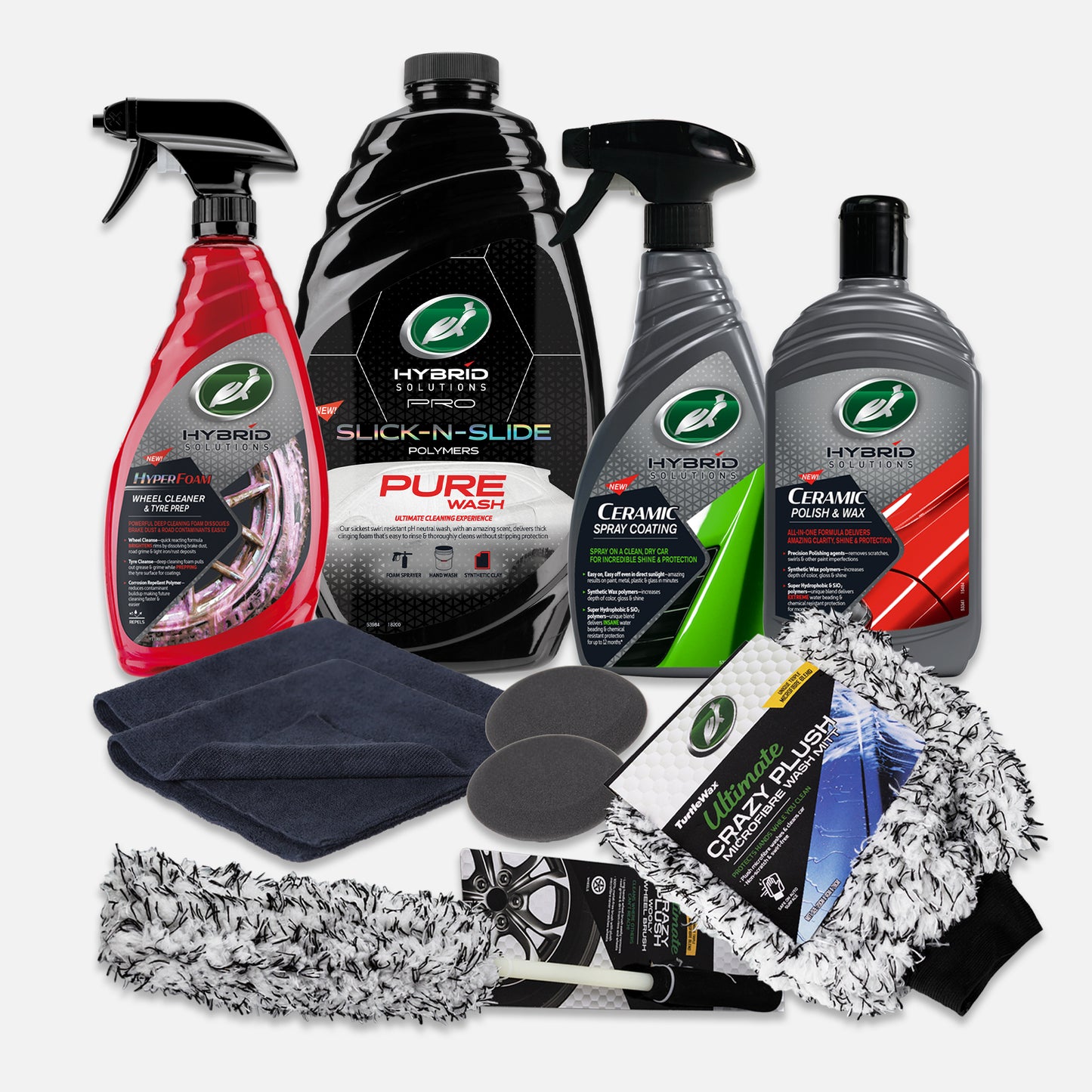 Turtle Wax car detailing kit. Includes cleaning products, ceramic coating, polish & wax, plus accessories like wash mitt and wheel brush.