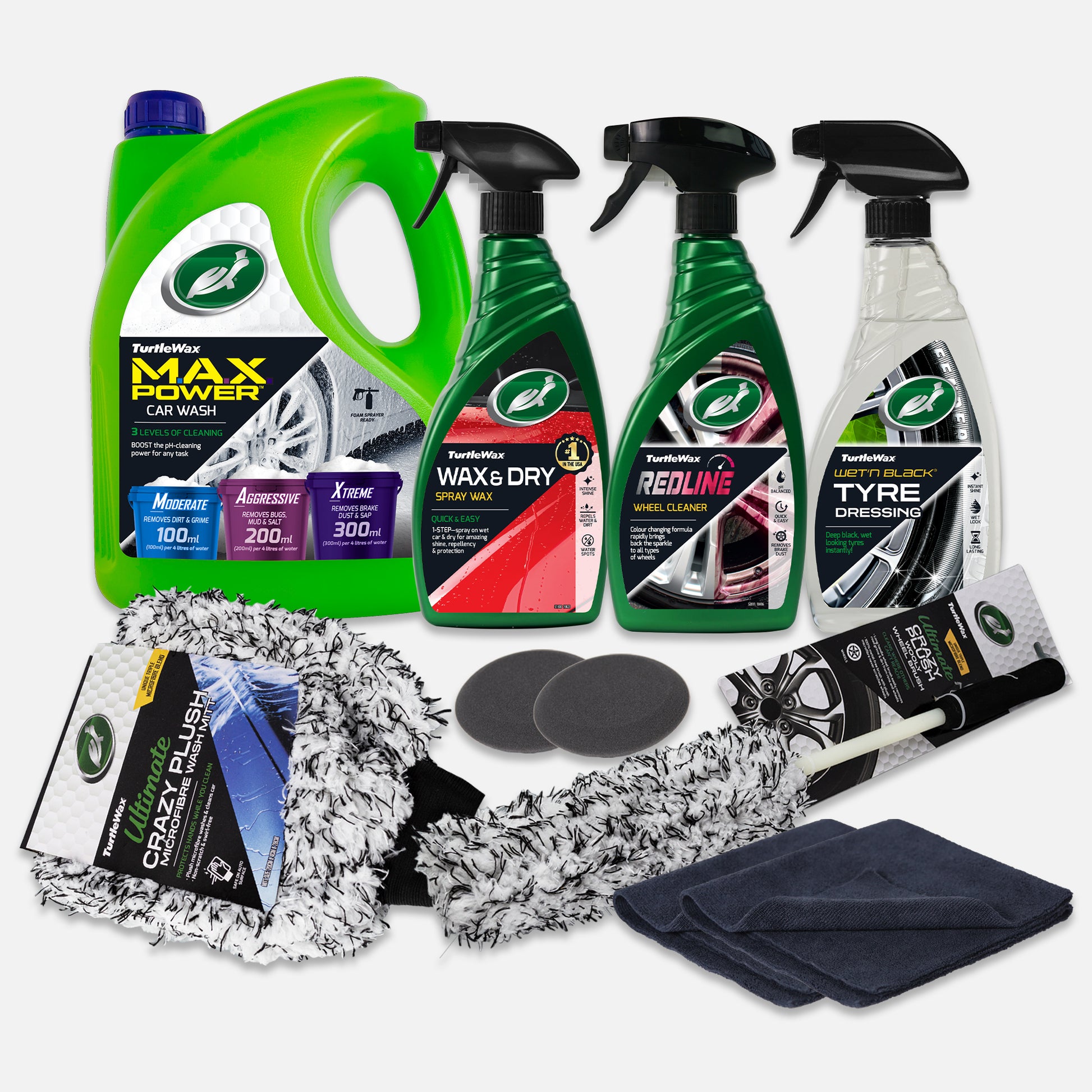 Turtle Wax car care with wash, wax & tyre dressing products. Microfibre mitts, wash applicators & wheel brush included. For valeting.