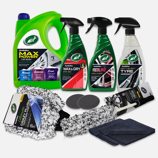 Turtle Wax car care with wash, wax & tyre dressing products. Microfibre mitts, wash applicators & wheel brush included. For valeting.