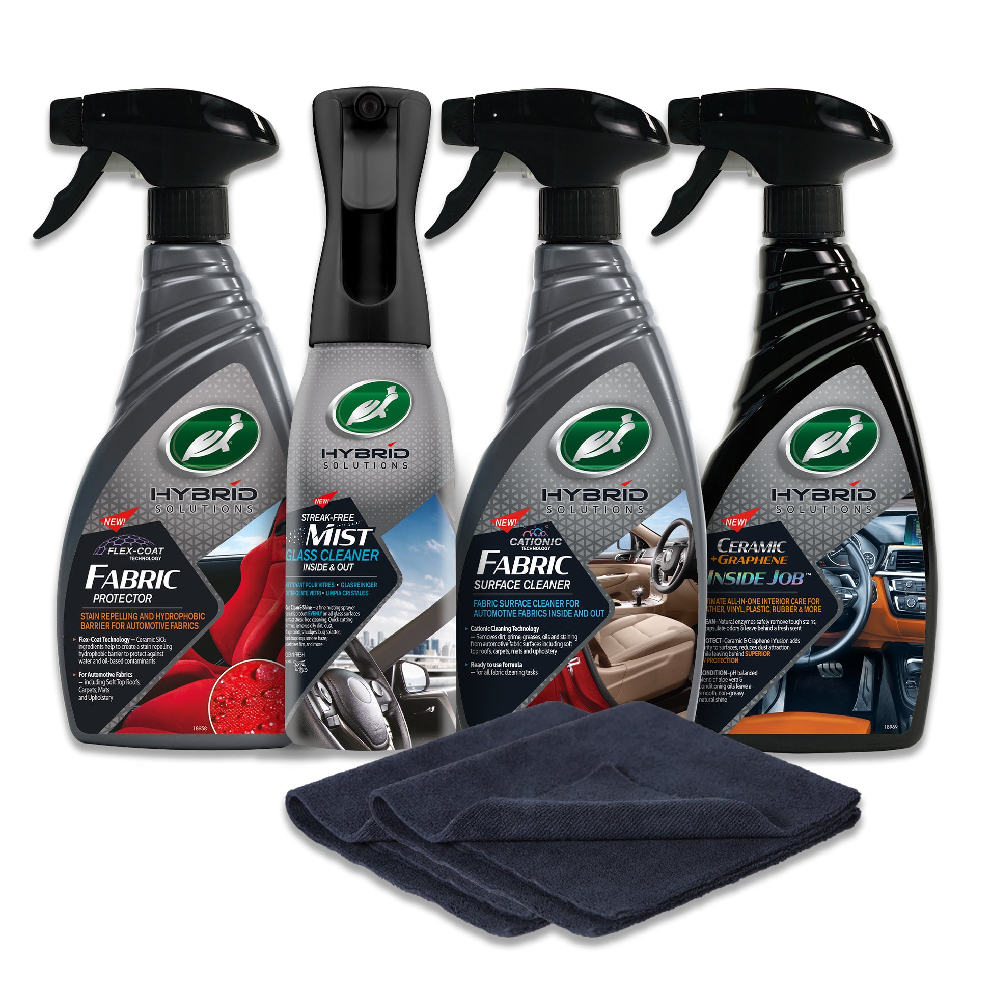 Car detailing kit featuring Turtle Wax Hybrid Solutions for interior cleaning: fabric protector, mist glass cleaner, and surface detailer.