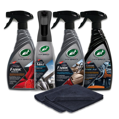 Car detailing kit featuring Turtle Wax Hybrid Solutions for interior cleaning: fabric protector, mist glass cleaner, and surface detailer.