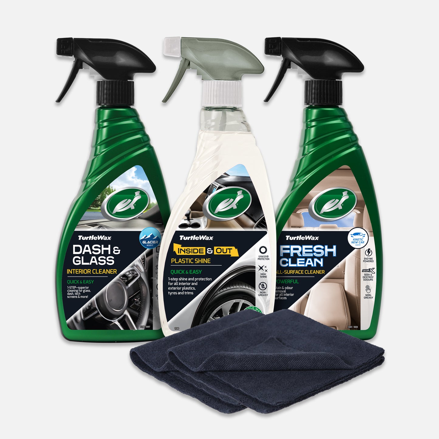 Turtle Wax cleaning kit. Dash and glass cleaner, plastic shine and surface cleaner for cars. Includes microfibre cloth.
