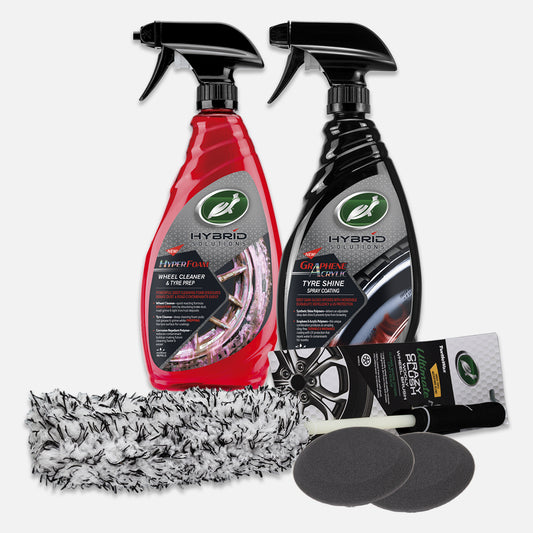 Car wheel and tyre cleaning kit featuring Turtle Wax Hybrid Solutions, with Turtle Wax Crazy Brush, pads, and a cleaning mitt.