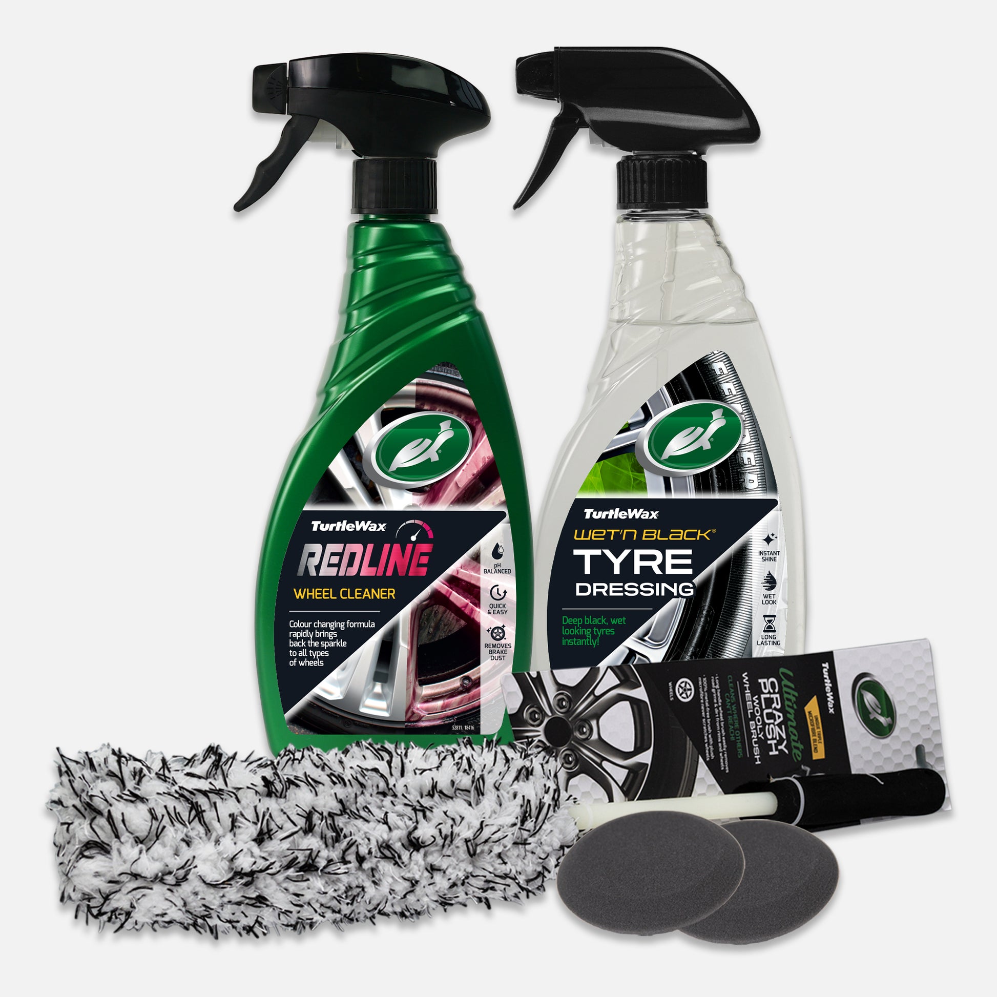 Turtle Wax wheel & tyre detailing kit: Redline wheel cleaner, Wet'n Black tyre dressing, brush, applicator pads and a microfibre towel.