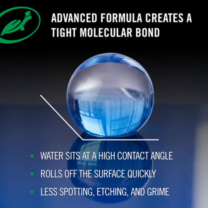 Blue water molecular with text about advanced formula creating a tight molecular bond on a dark background.