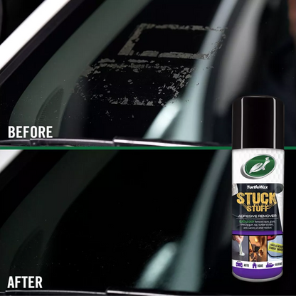 Turtle Wax product: Before & after of adhesive residue removal from a windscreen. Clear glass, no more residue.