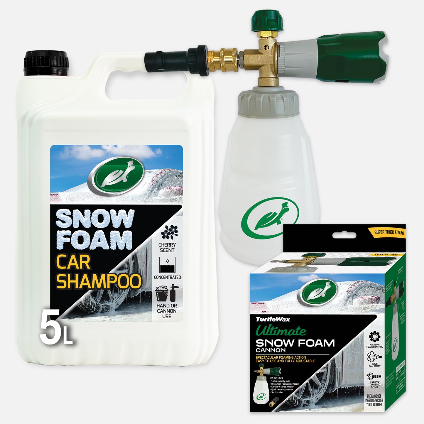 Turtle Wax Snow Foam Cannon Kit. Includes car shampoo, foam lance, bottle, brass nozzle, connectors, and other parts.