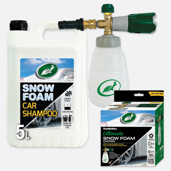 Turtle Wax Snow Foam Cannon Kit. Includes car shampoo, foam lance, bottle, brass nozzle, connectors, and other parts.