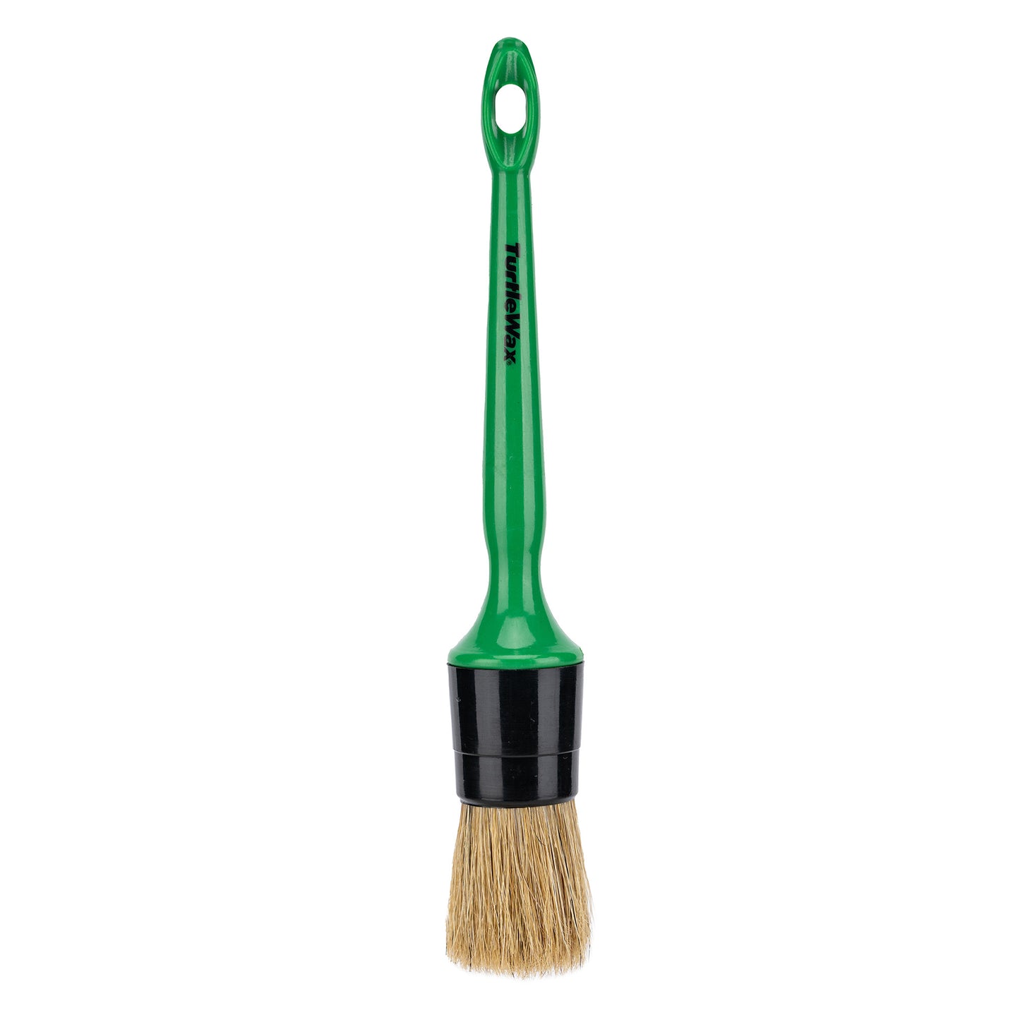 Turtle Wax detailing brush with a green handle. Tool with bristles for car interior cleaning.
