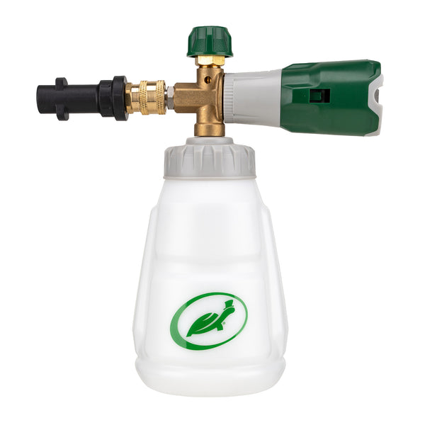 Alternative view of Ultimate Snow Foam Cannon parts on white background, showcasing ergonomic nozzle design.