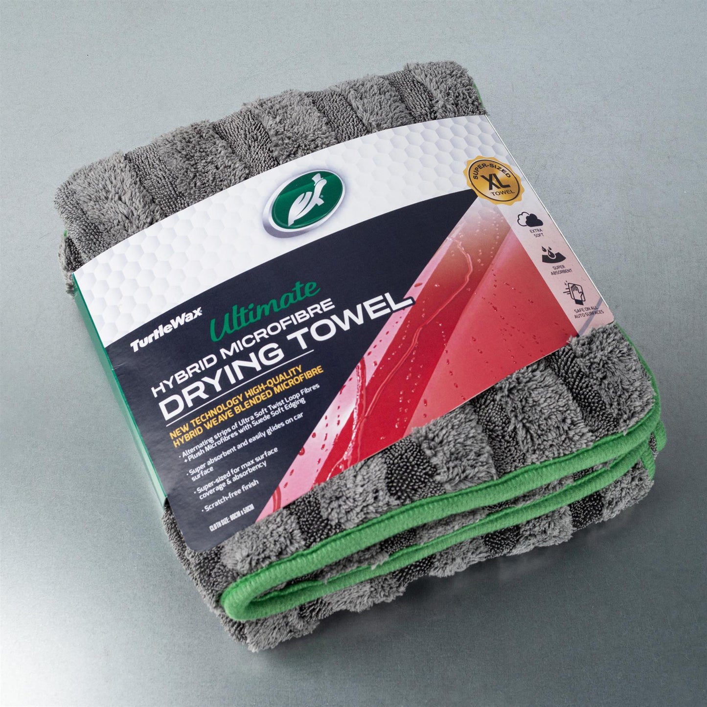 Turtle Wax Hybrid Microfibre Drying Towel. XL super-sized car care cloth with ultra-soft twist loop and suede edging for scratch-free finish.