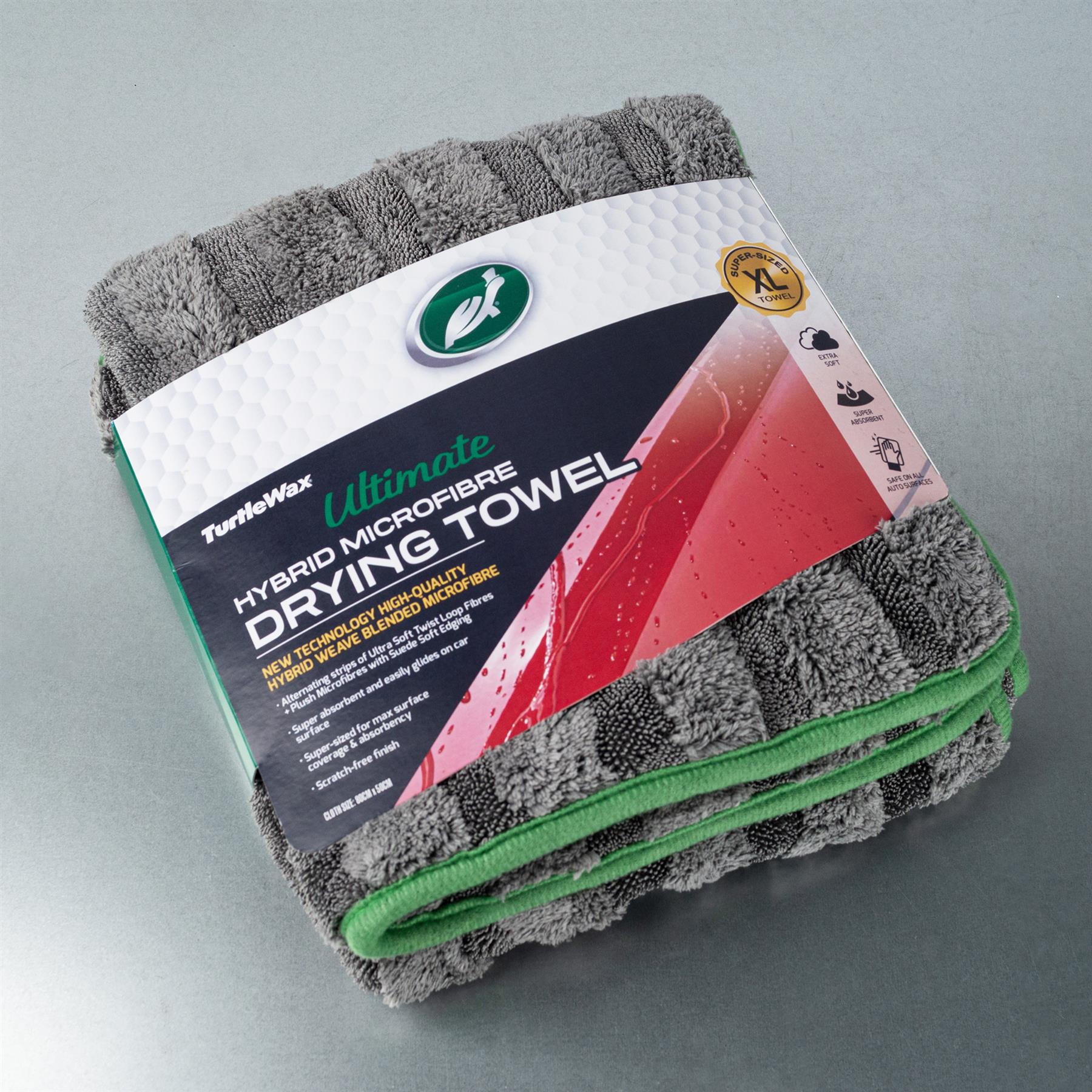 Turtle Wax Hybrid Microfibre Drying Towel. XL super-sized car care cloth with ultra-soft twist loop and suede edging for scratch-free finish.