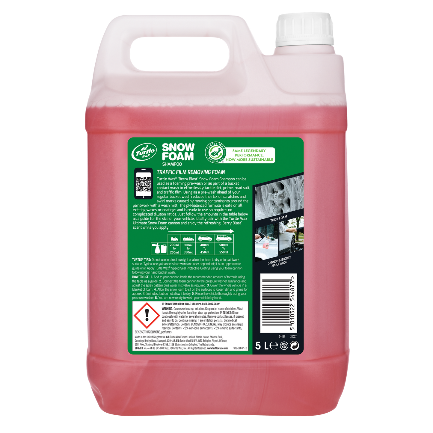 5L Snow Foam car wash solution. Featuring Turtle Wax branding. For automotive detailing and valeting. Made in the UK.