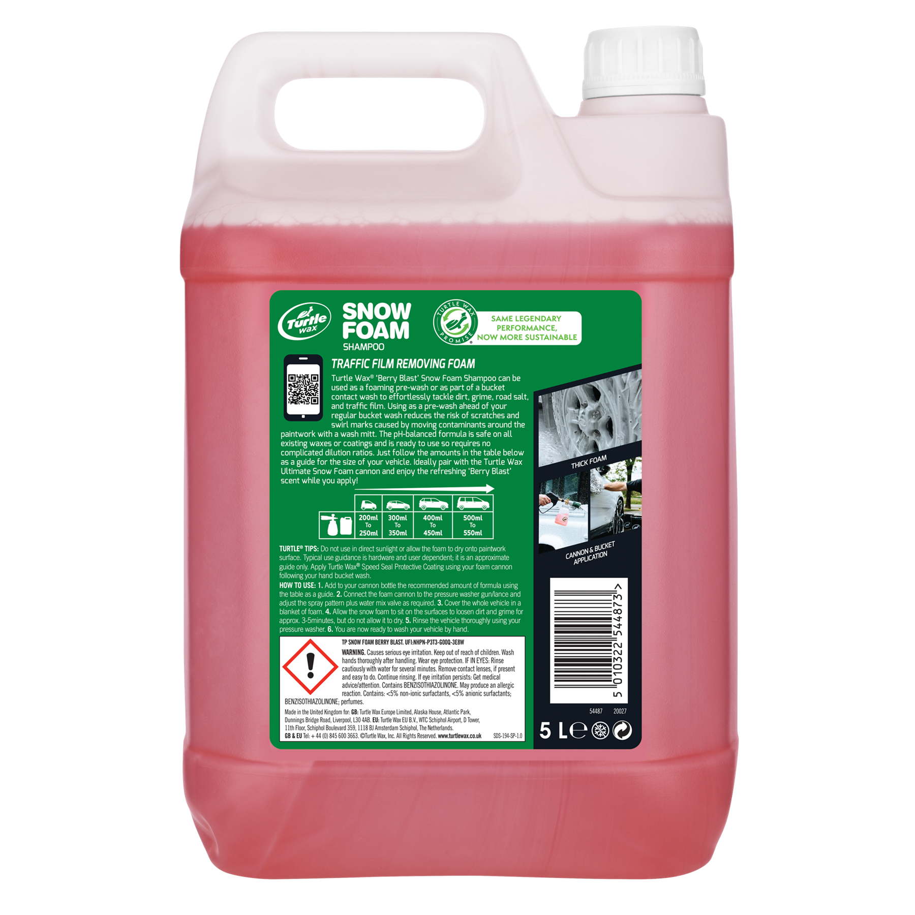 5L Snow Foam car wash solution. Featuring Turtle Wax branding. For automotive detailing and valeting. Made in the UK.