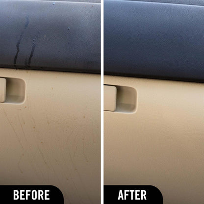 Before and after comparison of a car interior panel with visible cleaning results after using 1 & Done Detailer