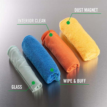 Set of microfiber cloths in different colors on a metallic surface with labels indicating their uses.