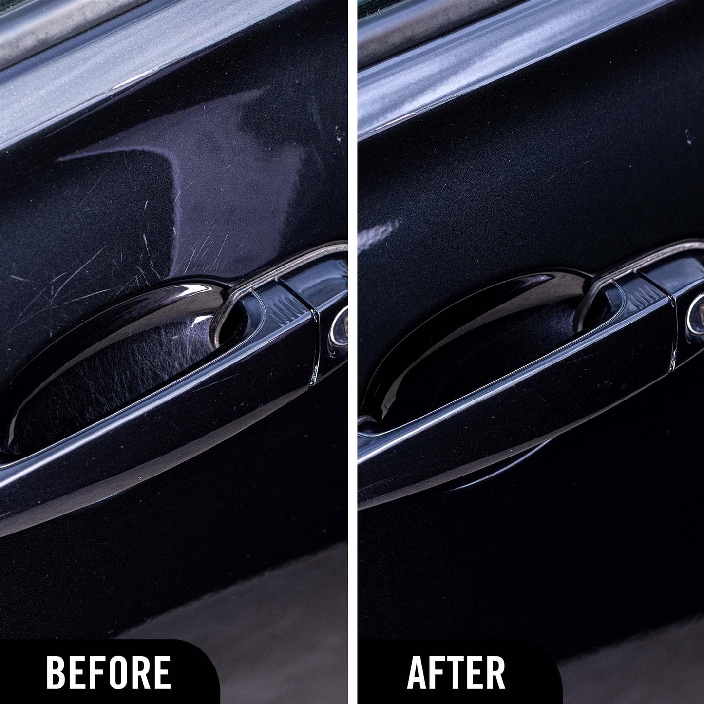 Turtle Wax Renew & Restore Wipes before and after use comparison on door handles showing removal of scratches. 