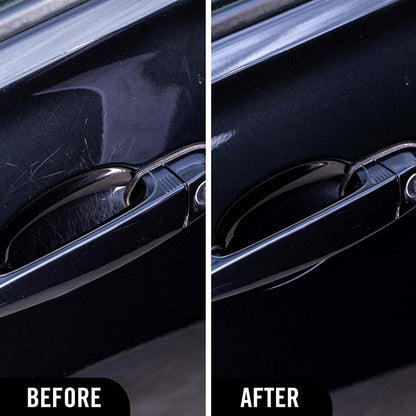 Turtle Wax Renew & Restore Wipes before and after use comparison on door handles showing removal of scratches. 