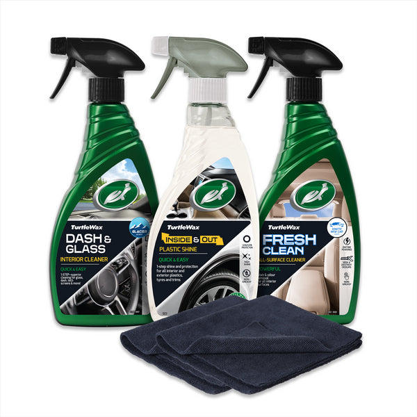 Fresh Clean, Inside & Out Protectant, Dash and Glass and two black microfibres are displayed with a white background.