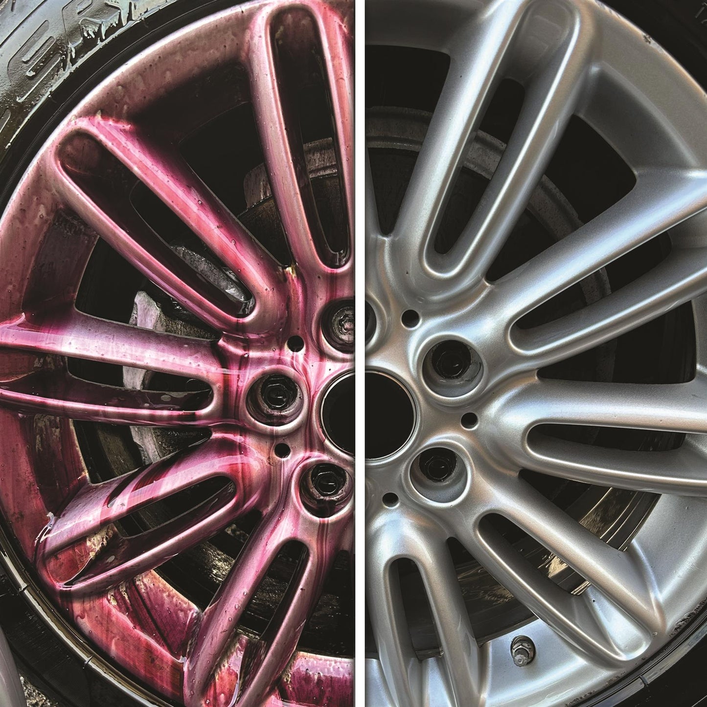 Before & After: A dirty alloy wheel treated with Turtle Wax colour-changing wheel cleaner.  Notice the gleaming, dirt-free finish.