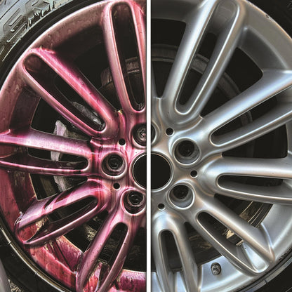 Before & After: A dirty alloy wheel treated with Turtle Wax colour-changing wheel cleaner.  Notice the gleaming, dirt-free finish.