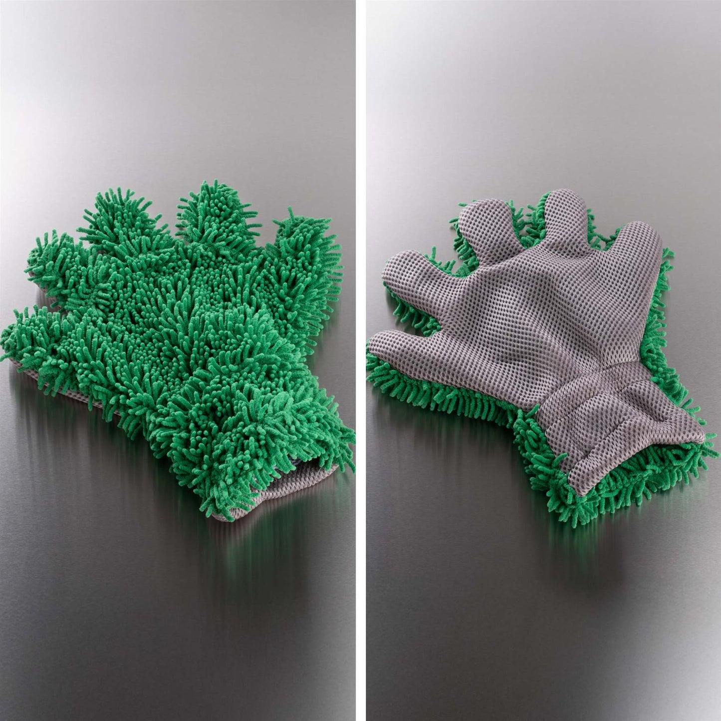 Green and gray cleaning mitts on a reflective surface