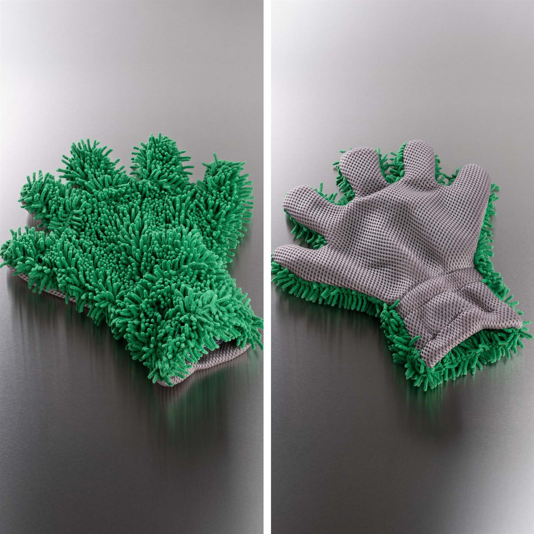 Green and gray cleaning mitts on a reflective surface
