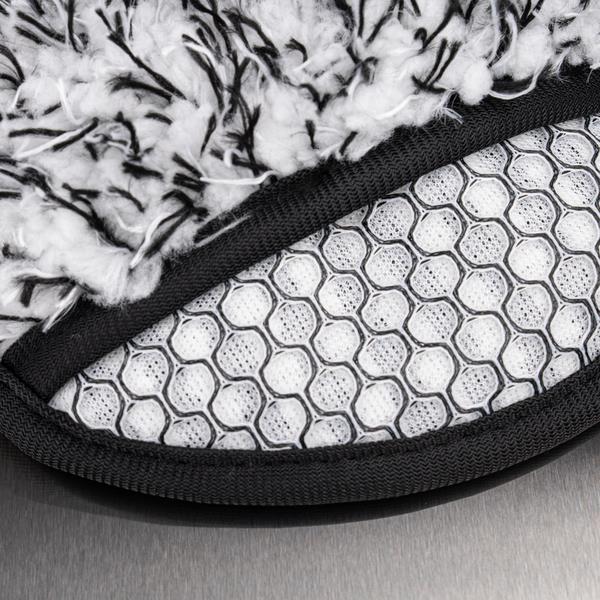 Close-up of a dual-sided wash mitt for vehicle detailing. Features microfibre cleaning surface & textured mesh for stubborn dirt removal.