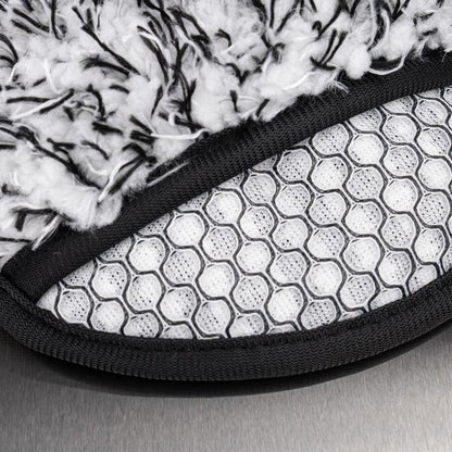 Close-up of a dual-sided wash mitt for vehicle detailing. Features microfibre cleaning surface & textured mesh for stubborn dirt removal.