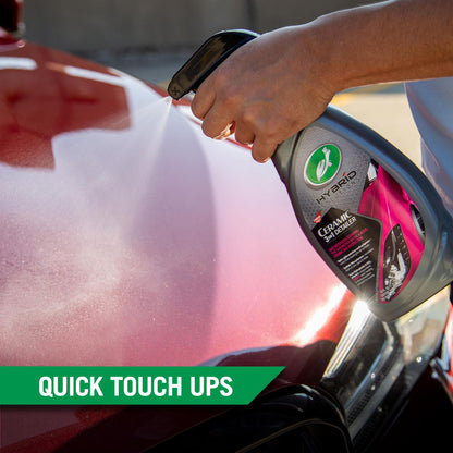 Detailing a motor, Turtle Wax Hybrid Solutions Ceramic 3-in-1 Detailer spray enhancing the red finish. Car valeting, vehicle maintenance.