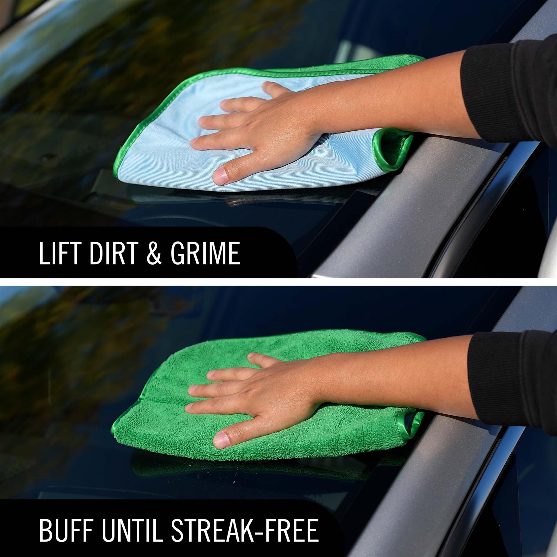 Person cleaning a car window with a  Clear Vue Dual Action Glass Towel and then switching to a green side , with text indicating cleaning steps.