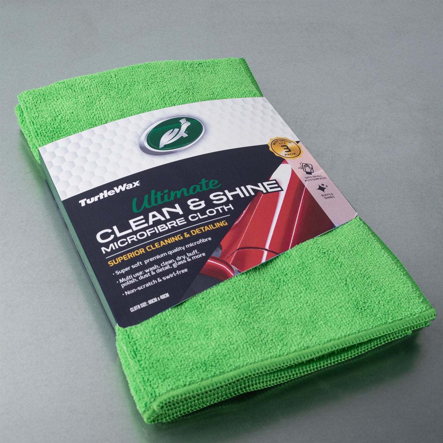 Turtle Wax cleaning cloths. 3-pack of green microfibre cloths for superior car cleaning and detailing. Safe on auto surfaces.