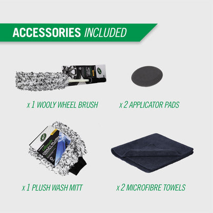 Car cleaning kit featuring a Turtle Wax mitt, a wheel brush, applicator pads, and microfibre towels for detailing.