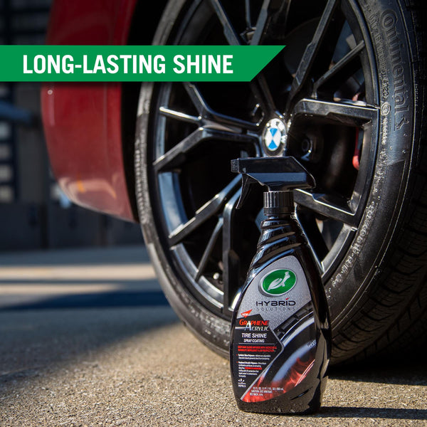 Graphene Acrylic Tyre Shine is displayed against a backdrop of a shiny and glossy black tyre. 