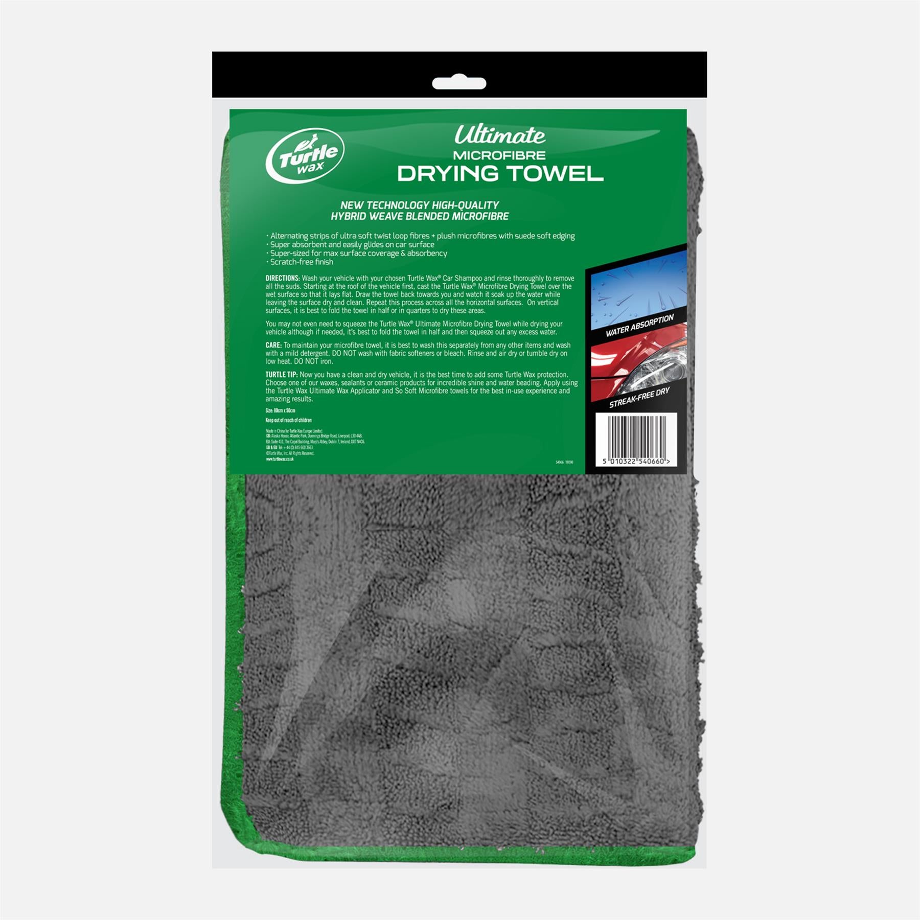 Turtle Wax ultra-absorbent microfibre drying towel. Hybrid weave tech delivers scratch-free car drying & streak-free finish. Size 80cm x 50cm.