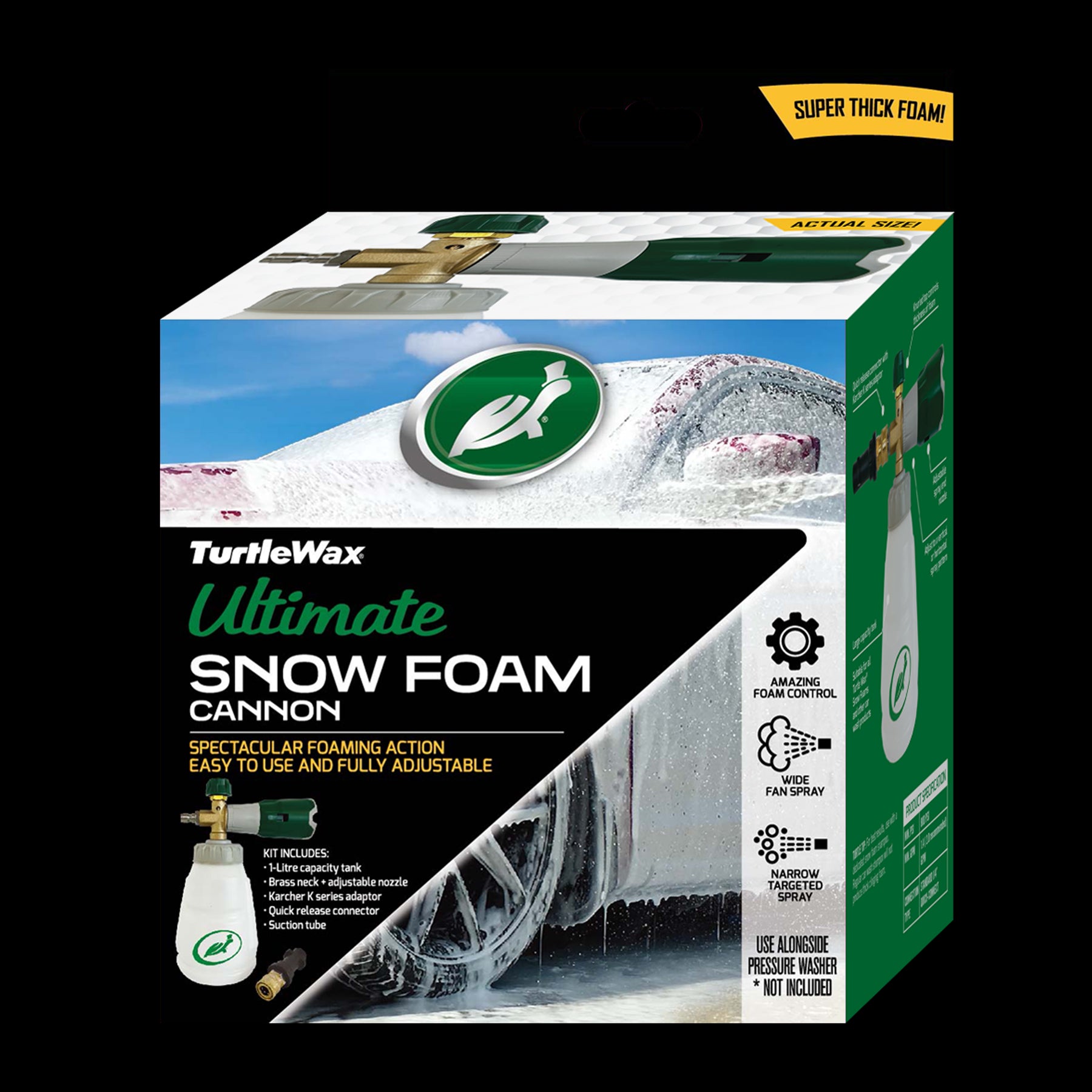Turtle Wax snow foam cannon for car detailing. It uses a pressure washer for spectacular foaming action and adjustable spray.