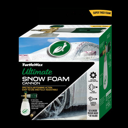 Turtle Wax snow foam cannon for car detailing. It uses a pressure washer for spectacular foaming action and adjustable spray.