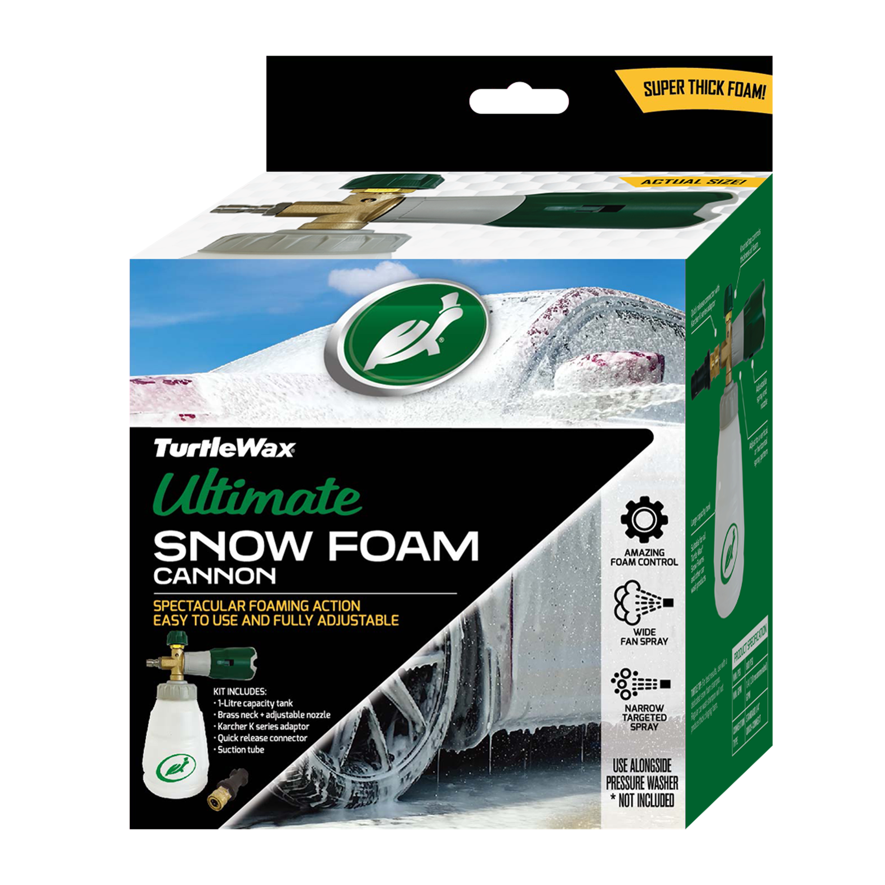 Turtle Wax snow foam cannon kit box featuring car detailing with adjustable nozzle, adapters, and a foam control. Super thick foam shown.