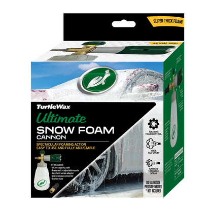 Turtle Wax snow foam cannon kit box featuring car detailing with adjustable nozzle, adapters, and a foam control. Super thick foam shown.