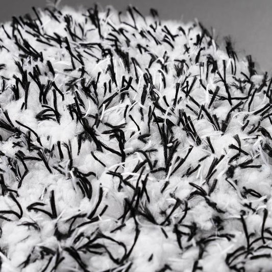 Close-up of a textured wash mitt. Features soft, white microfibre with contrasting dark detailing for car wheel cleaning.