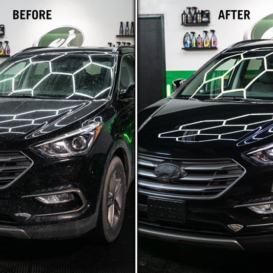 Before & After: Car detail shows dirt removal for a deep, shiny clean. Turtle Wax logo visible.
